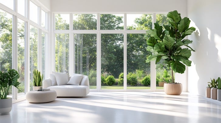 Serene modern living room with plants and natural light