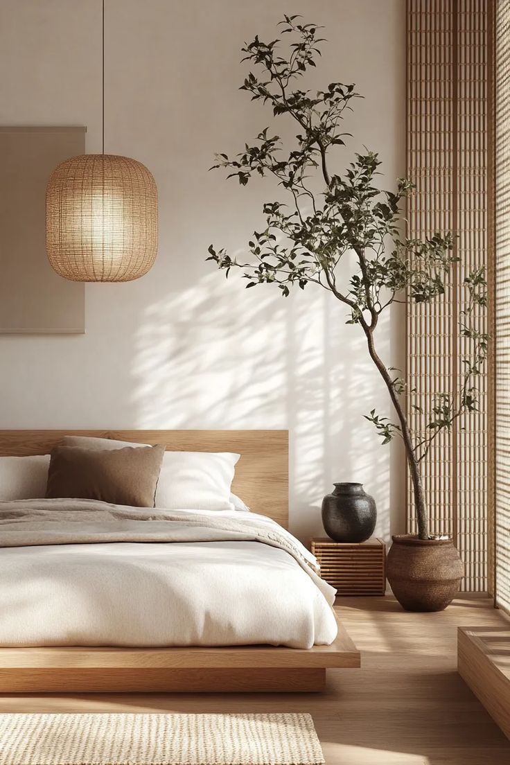Peaceful bedroom with soft lighting and natural textures